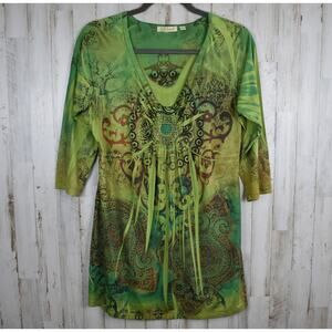 Y2K green/ brown 3/4 sleeve stretchy drapey blouse shirt top sz large boho fairy